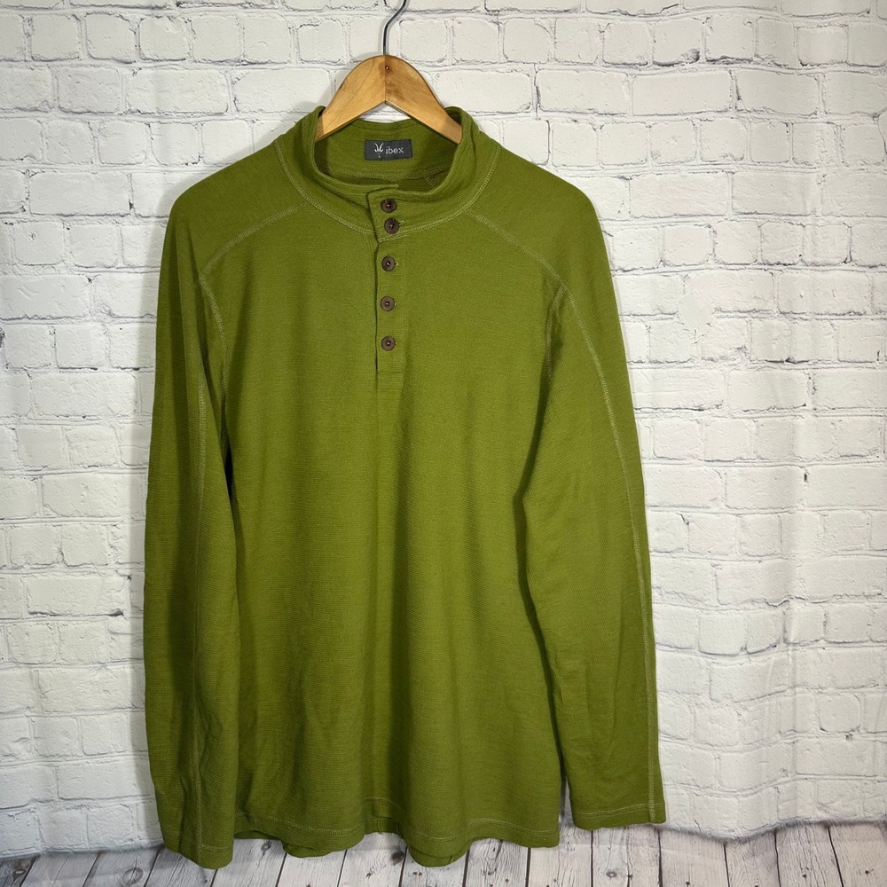 Ibex Mens Merino Wool Blend‎ Henley Pullover Green Long Sleeve Waffle Knit XL